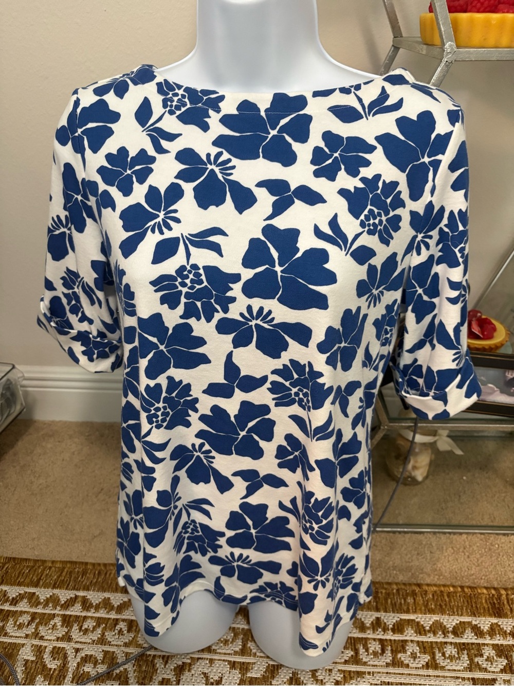 Style & Co womens short cuffed sleeve top blue white floral print roundneck Med